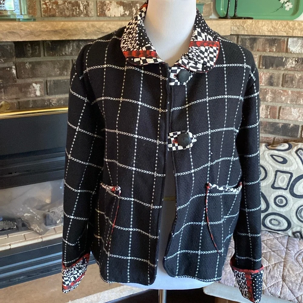 ARTISAN made jacket. Short swing style. Black checked wool blend w cotton accent - Picture 1 of 12